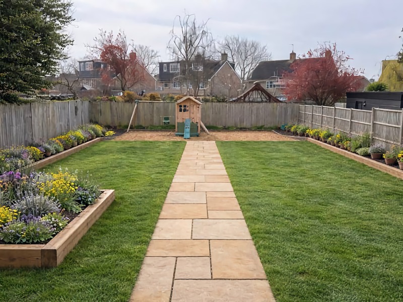 Landscaped garden with lawn and central indian Sandstone path leading to a small children