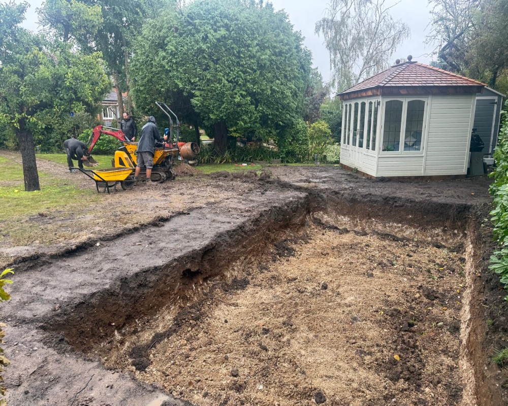 Landscaping team preparing site for installation with machinery